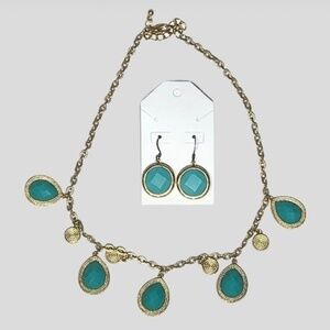 Teardrop Charm Necklace & Earrings Jewelry Set Lobster Clasp Gold Turquoise W OS